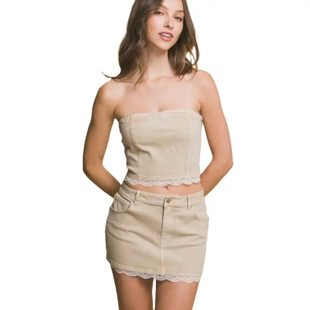 Love Tree Tan Lace-Trim Mini Skirt Set